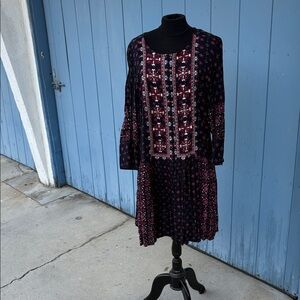 Anthropologie Dark Navy and Pink Embroidered Floral Long Sleeve Dress
